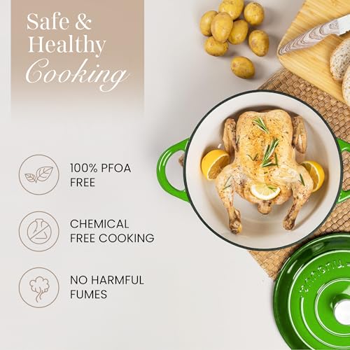 Cast Iron Dutch Oven with Lid - Non-Stick Ovenproof Enamelled Casserole Pot- Sturdy Dutch Oven Cookware - Green, 3.1- Quart, 22cm-by Nuovva