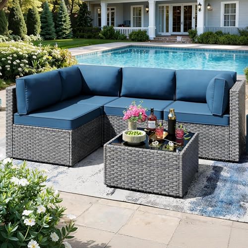 SUNLEI 5 Piece Patio Furniture Sets, Low Back All-Weather Rattan Sectional Sofa with Tea Table&Washable Couch Cushions, Patio Furniture Set (Silver Rattan Aegean Blue, 5 Pcs)