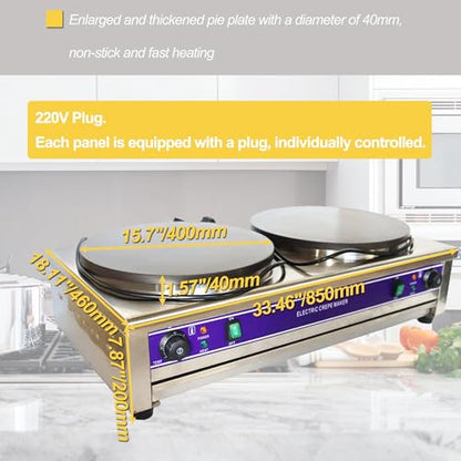 HQHAOTWU Crepe Maker Electric Crepes Making Machine Double Head Pancake Maker 40cm Per Circular Plate Non-stick Pan Griddle Machine Commercial Desktop Circular Cereals Pancake Stove Temp Control 220V