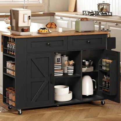 HOOBRO Kitchen Island on Wheels, Kitchen Storage Island with Power Outlet & Drop Leaf, Island Table with Open Shelves, 2 Drawers, for Kitchen, Rustic Brown and Black BF35UZD01