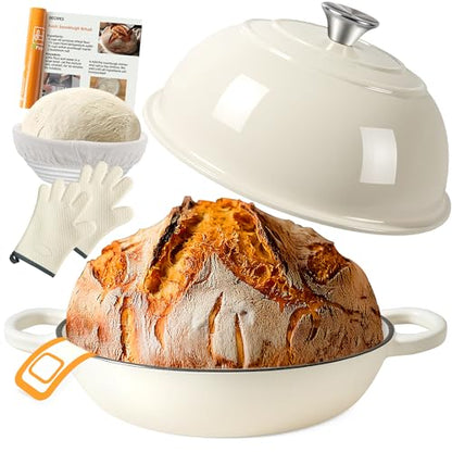 AHJ 6QT Dutch Oven For Bread Baking, Enameled Cast Iron Dutch Oven Pot with Lid, Multi-Functional Bread pan, Sourdough Baking Supplies with Proofing Basket, Cast Iron Bread Oven, Silicone Sling & Gloves.