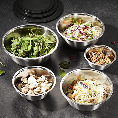 WHYSKO Stainless Steel Mixing Bowl Set, 10 Piece Stainless Steel Mixing Bowls with Lids Set for Food Prep Storage and Serving, Dishwasher Safe for Kitchen Baking Cooking, Silver