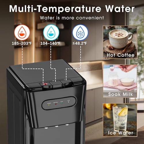 Tehanld Bottom Loading Water Cooler Dispenser for 3 or 5 Gallon Bottles - Water Dispenser with Hot, Room & Cold Spouts, LED Display with Empty Bottle Alert, Child Safety Lock, Space Black