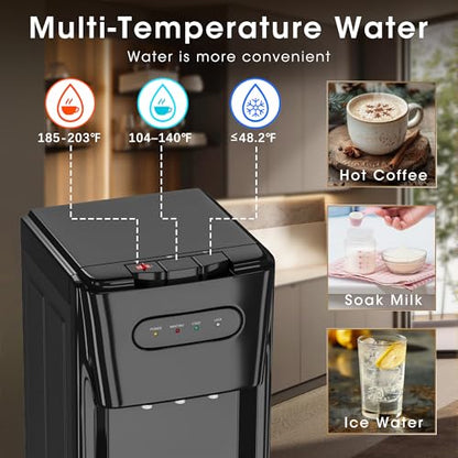 Tehanld Bottom Loading Water Cooler Dispenser for 3 or 5 Gallon Bottles - Water Dispenser with Hot, Room & Cold Spouts, LED Display with Empty Bottle Alert, Child Safety Lock, Space Black