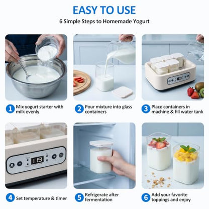 ESOHOT Yogurt Maker Machine with 6 BPA-Free Glass Jars, Digital Temperature Control & Timer, Automatic Yogurt Maker for Homemade Greek Yogurt, LED Display
