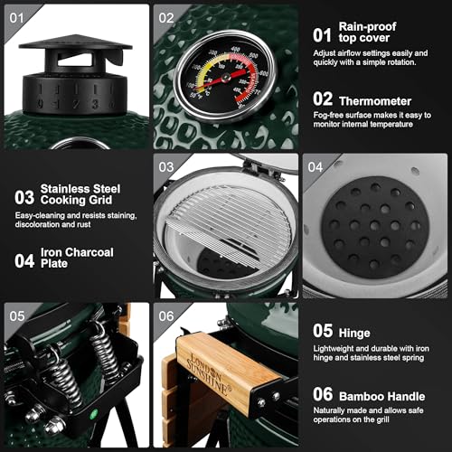 London Sunshine 15-inch Ceramic Kamado Charcoal BBQ Grill & Smoker with Locking Casters, Foldable Side Shelves, Stainless Steel Grates, and Tall Stand (Green)