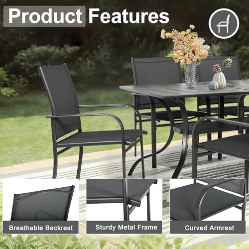 Crownland 7 Piece Patio Dining Set, Outdoor Textilene Dining Sets, 6 Textilene Metal Chairs and Rectangular Outdoor Dining Table with 1.57" Umbrella Hole,Black