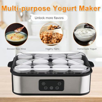 Automatic Yogurt Maker 12 180ml Jars Digital Yogurt Maker Machine Adjustable Temperature 48H Time Control for Fresh Homemade Yogurt Dessert, Led Display Multi-Function 2160ml Electric Yogurt Machine