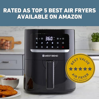 West Bend Compact Air Fryer 5-Quart Capacity with Digital Controls LCD Display and 10 Cooking Presets with Shake Reminder, Nonstick Frying Basket, 1500-Watts, Black