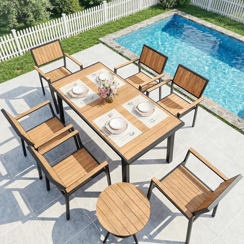 PATIOPIA 8-Piece Patio Dining Set, Outdoor Weather-Resistant Plastic-Wood Table & 6 Stackable Chairs, Outdoor Durable Aluminum Frame Furniture for Garden, Poolside, Backyard, Orange