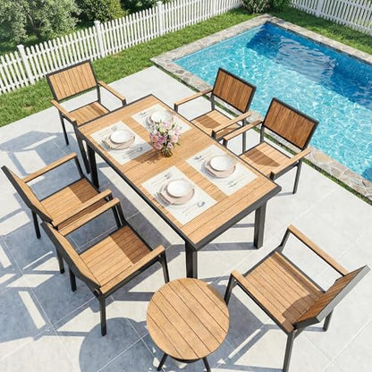 PATIOPIA 8-Piece Patio Dining Set, Outdoor Weather-Resistant Plastic-Wood Table & 6 Stackable Chairs, Outdoor Durable Aluminum Frame Furniture for Garden, Poolside, Backyard, Orange