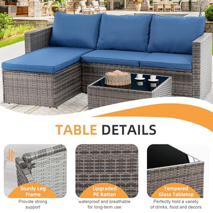 Shintenchi Outdoor Sectional Patio Furniture Set 4-Piece, All-Weather PE Rattan Sofa Couch with Cushions & Storage Coffee Table for Yard, Garden, Porch, Poolside (Blue)