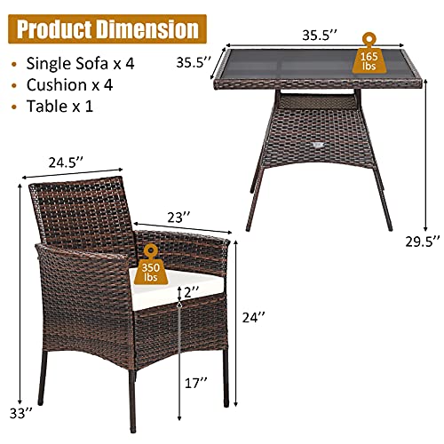 Tangkula 5 Pieces Wicker Patio Dining Set, Outdoor PE Rattan Chairs Table Set with 4 Seat Cushions, Patio Dining Furniture with Tempered Glass Tabletop, Suitable for Porch, Yard