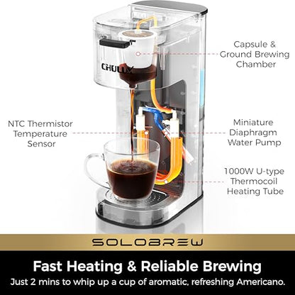 CHULUX SoloBrew Single Serve Coffee Maker, for K Cup and Ground, 3 Brew Sizes with Strong Button & Over Ice Feature, 14oz Removable Reservoir, for Home, Travel, RV, Office and Dorm
