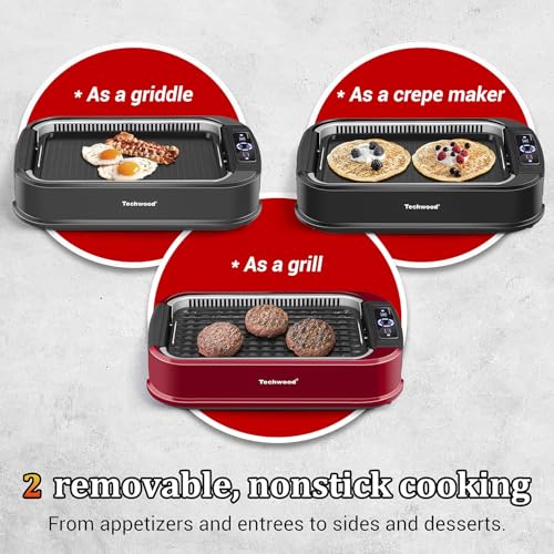 Indoor Smokeless Grill, Techwood 1500W Electric Indoor Grill with Tempered Glass Lid, Portable Non-stick BBQ Korean, Turbo Smoke Extractor Technology, Drip Tray& Double Removable Plate, Black