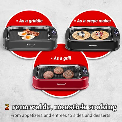 Indoor Smokeless Grill, Techwood 1500W Electric Indoor Grill with Tempered Glass Lid, Portable Non-stick BBQ Korean, Turbo Smoke Extractor Technology, Drip Tray& Double Removable Plate, Black