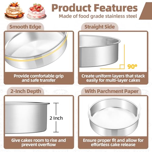 TeamFar 8 Inch Cake Pan Set of 2, Stainless Steel Layer Cake Baking Pans Tins with 90 Pcs Parchment Paper, Round Bakeware for Birthday Wedding, Non-Toxic & Healthy, Mirror Finish & Dishwasher Safe