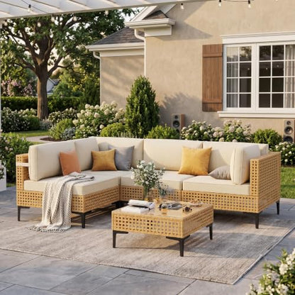 WELYAS Outdoor Sectional 5 Piece Modular Patio Furniture Set Free Combination Outdoor Couch with Thick Cushion All Weather Wicker Patio Conversation Sets for Backyard, Deck, Poolside