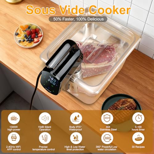 Sous Vide Cooker 2.4G WIFI, Sous Vide Machine with 30 Preset Recipes on APP & Calibration Function, 1300W Ultra-Quiet Immersion Circulator, Accurate Temperature and Time, Fast-Heating with Timer