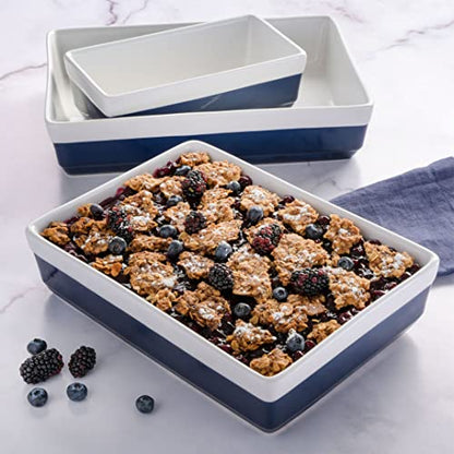 MARTHA STEWART 3-Piece Oven to Table Stoneware Bakeware Set – Baking Dish & Casserole Set – Cobalt Blue – Durable Oven-Safe Bakeware for Baking and Serving