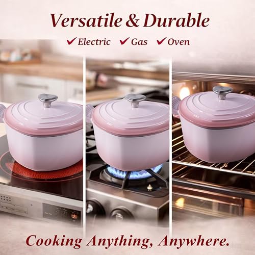 Mabeeze Heart Shaped Dutch Oven Enameled Cast Iron 2 Quart Casserole Pot with Lid Pink Nonstick Oven Safe All Cooktops for Baking Braising Serving Bread Baking