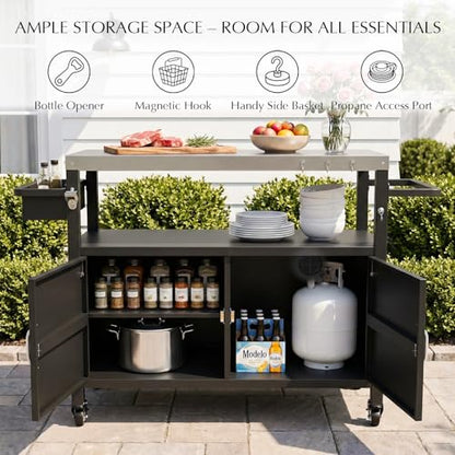 Belord Outdoor Grill Table with Storage Cabinet, Outdoor Grill Cart with Wheels, Movable BBQ Cart Prep Station Kitchen with Stainless Steel Top and Removable Side Basket for Poolside Backyard Black