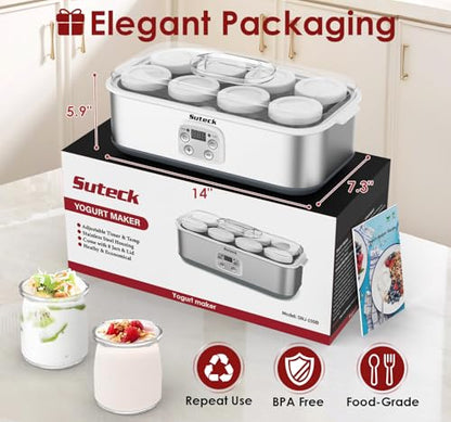 Suteck Yogurt Maker - Stainless Steel Yogurt Makers with Adjustable Time & Temp Control，Automatic Shut-Off & Constant Temper for Homemade Greek, Probiotic Yogurt, BPA-Free 8 Glass Jars (48 oz)