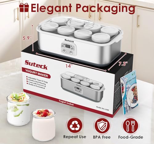 Suteck Yogurt Maker with 8 Glass Jars – Time & Temp Adjustable, Homemade Greek & Probiotic Yogurt, Automatic Shut-Off, BPA-Free, Total 48 oz, White