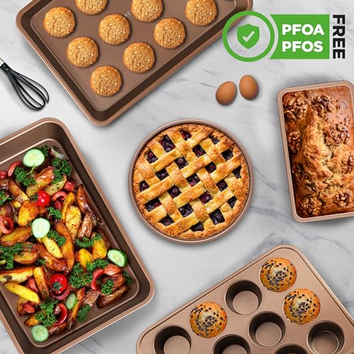 NutriChef 6-Piece Nonstick Bakeware Set, Carbon Steel Baking Pans Set, Includes Cookie Sheets, Wide & Square Bake Pans, Bread Loaf & Round Cake Pan, Muffin Pan - Gold