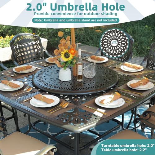 MEETWARM 10-Piece Outdoor Bar Set, All Weather Cast Aluminum High Patio Dining Set with 8 Cushioned Swivel Bar Stools, Large 64" Square Patio Bar Height Table with Detachable Lazy Susan, Umbrella Hole