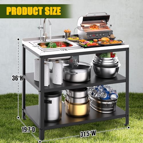 Outdoor Kitchen Island with Sink,36''H Stainless Steel Utility Sink,3T Heavy Duty Pizza Oven Table,Metal BBQ & Grill Stand,Outdoor Cooking Prep Table Freestanding Laundry Sink for Backyard Garage