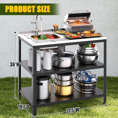 Outdoor Kitchen Island with Sink,36''H Stainless Steel Utility Sink,3T Heavy Duty Pizza Oven Table,Metal BBQ & Grill Stand,Outdoor Cooking Prep Table Freestanding Laundry Sink for Backyard Garage