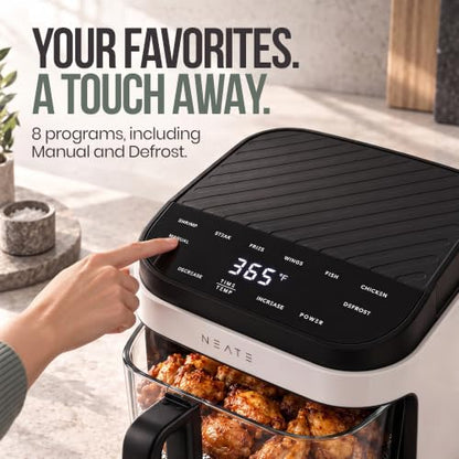 NEATE 5.8QT Air Fryer | 8-in-1 Preset Cook Modes | Cook Steak, Chicken, Fish, Veggies, Fries & More | Temperature & Timer Control | White