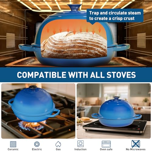 Cast Iron Bread Oven for Baking, 6QT Multi-Functional Dutch Oven Pot with Lid, Include Proofing Basket, Silicone Sling & Dough Whisk, Round Bread Pot for Sourdough Bread Baking, Cooking, Frying