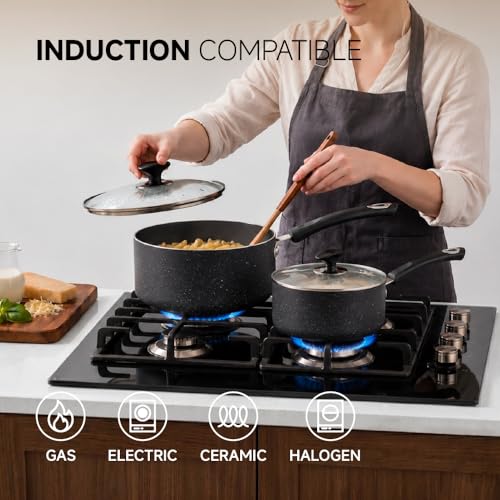 RATWIA Nonstick Saucepan Set - 3-Pieces Pot Set 1 Quart & 2 Quart & 3 Quart,Ultra Non Stick Sauce Pan Small Pot with Glass Lid,Great for Home Kitchen Restaurant,Black