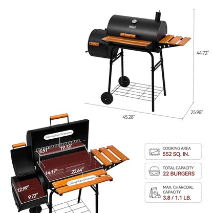 Royal Gourmet CC1624W Barrel Charcoal Grill with Offset Smoker, 552 Sq. In. Cooking Area, Wooden Front and Side Shelf with Hooks, Mesh Bottom Shelf, Charcoal Grill for Outdoor Grilling, Black