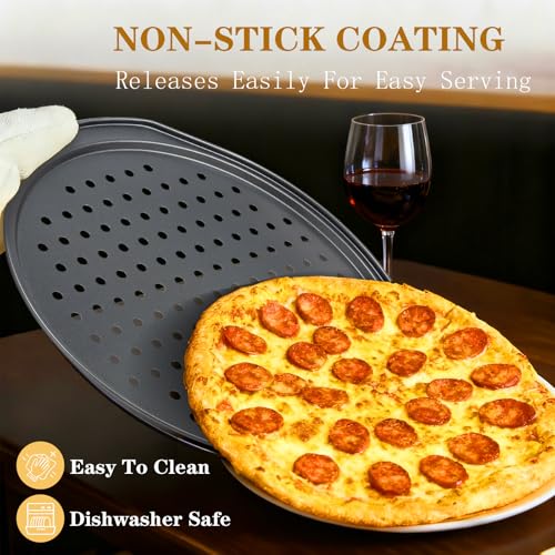 Bestdin 5Pcs Pizza Pan Set - 12 inch Pizza Pan with Holes, Non-stick, Pizza Oven Accessories with 2 Carbon Steel Round Pans, Pizza Cutter and 2 Gloves, Dishwasher Safe