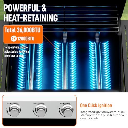 Bonnlo 3 Burners Portable Gas Grill with Enameled Cast Iron Grates, Powerful 36,000 BTU Propane Grill with Side Shelf & Bottom Cabinet, Outdoor Grill with Wheels for Patio Backyard Garden BBQ Use