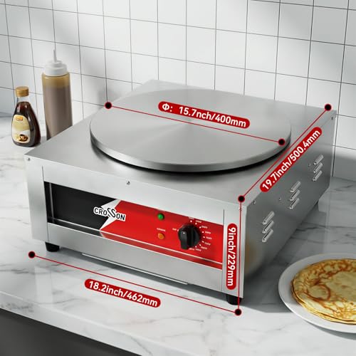 CROSSON Commercial Electric Crepe Maker, 16-Inch Large Cooking Plate 1800W ETL Certified, Stainless Steel Pancake Griddle with Accessories Storage & Metal Spatula/Spreader
