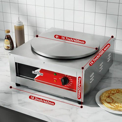 CROSSON Commercial Electric Crepe Maker, 16-Inch Large Cooking Plate 1800W ETL Certified, Stainless Steel Pancake Griddle with Accessories Storage & Metal Spatula/Spreader