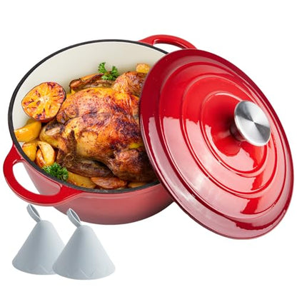 4 Quart Dutch Oven Enameled Cast Iron with Lid - Big Dual Handles - Oven Safe up to 500°F - Classic Round Pot for Versatile Cooking Red
