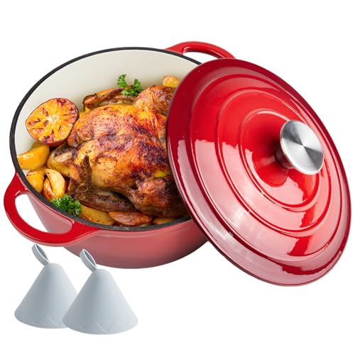 4 Quart Dutch Oven Enameled Cast Iron with Lid - Big Dual Handles - Oven Safe up to 500°F - Classic Round Pot for Versatile Cooking Red
