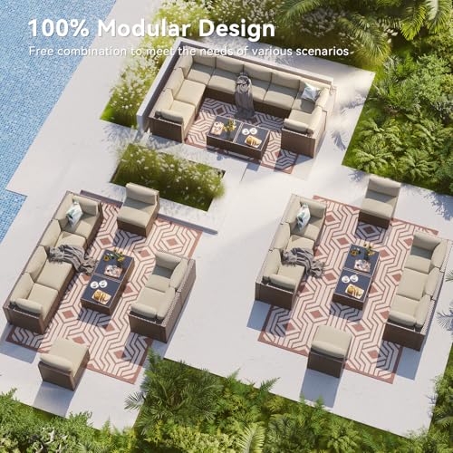 LazySunsets 10 Piece Outdoor Patio Furniture Set with Coffee Table, Outdoor Patio Furniture Sets with Thicken Cushion, Wicker Rattan Outdoor Conversation Set for Backyard & Garden, Beige