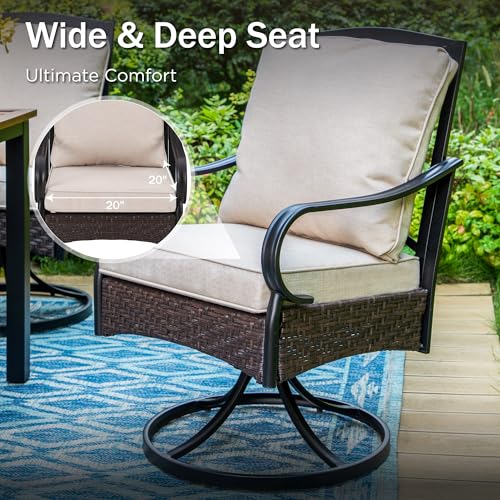 PHI VILLA 7-Piece Outdoor Dining Set, Heavy Duty Patio Table and Chairs Set with Umbrella Hole for 6, 64" Rectangular Patio Woodgrain Metal Table & Swivel Chairs with Cushions