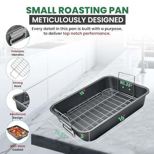 Roasting Pan With Rack 11" x 15" - Non Stick Large Roaster Pan and Flat Rack with Foldable Handles - Roasting Pans for Ovens to Elevate Food for Even Heating - Dishwasher Safe Turkey Roast Pot