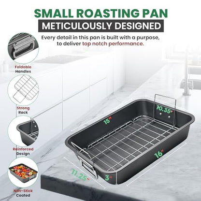 Roasting Pan With Rack 11" x 15" - Non Stick Large Roaster Pan and Flat Rack with Foldable Handles - Roasting Pans for Ovens to Elevate Food for Even Heating - Dishwasher Safe Turkey Roast Pot