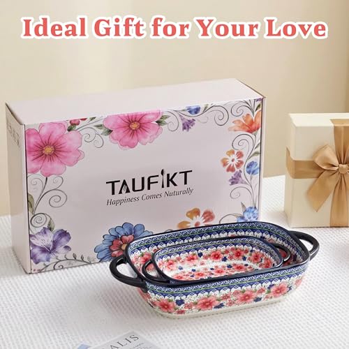 TAUFIKT Ceramic Casserole Dishes for Oven, Hand-painted Polish Pottery Baking Dish Set of 2, 0.8QT / 2QT Porcelain Casserole Dishes with Handles, Baking Pan Lasagna Pan, Gift for Family/Friend (Red)