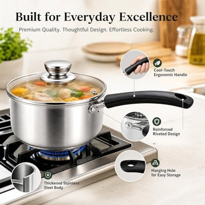 ZENFUN 2 Quart Saucepan, Stainless Steel Sauce Pan with Visible Glass Lid&Stay Cool Handle, Small Sauce Pot for Kitchen, Saucier Pan, Induction Pot for Cooking, Dishwasher Safe(PFOA PTFE PFAS Free)