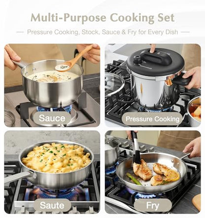 KOCH SYSTEME CS 14 Piece Stainless Steel Cookware Set with Pressure Cooker, Stainless Steel Pressure Cooker with Pots and Pans Set, 18/10 Stainless Steel Cookware Set, Induction Ready