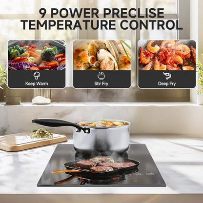 AMZCHEF Induction Cooktop 2 Burners, 12 Inch Bulit-in & Countertop Induction Stove with Plug 110V-120V, 9 Power Levels Electric Stove 1800W, Safety Lock, Timer, Touch Control for Fast Cooking